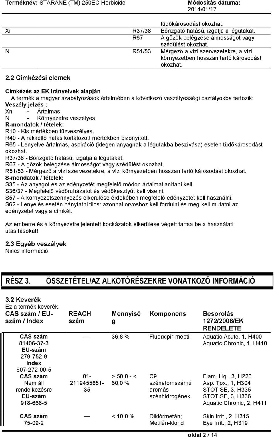 2 Címkézési elemek Címkézés az EK Irányelvek alapján A termék a magyar szabályozások értelmében a következő veszélyességi osztályokba tartozik: Veszély jelzés : Xn - Ártalmas N - Környezetre