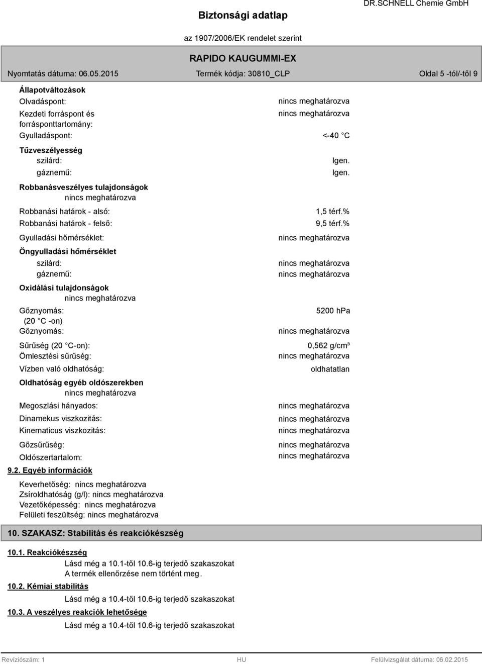 Vízben való oldhatóság: Oldhatóság egyéb oldószerekben Megoszlási hányados: Dinamekus viszkozitás: Kinematicus viszkozitás: Gőzsűrűség: Oldószertartalom: 9.2.