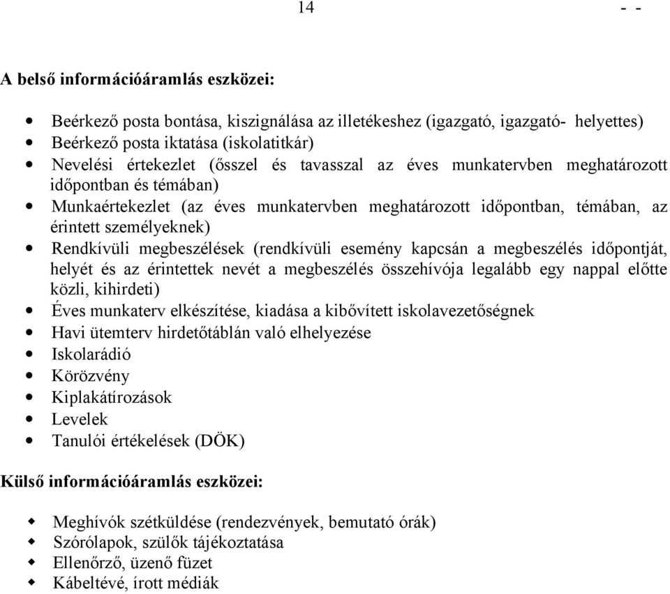 esemény kapcsán a megbeszélés időpntját, helyét és az érintettek nevét a megbeszélés összehívója legalább egy nappal előtte közli, kihirdeti) Éves munkaterv elkészítése, kiadása a kibővített