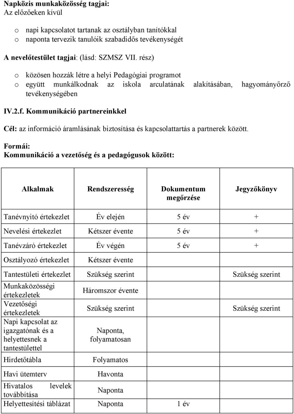 Kmmunikáció partnereinkkel Cél: az infrmáció áramlásának biztsítása és kapcslattartás a partnerek között.