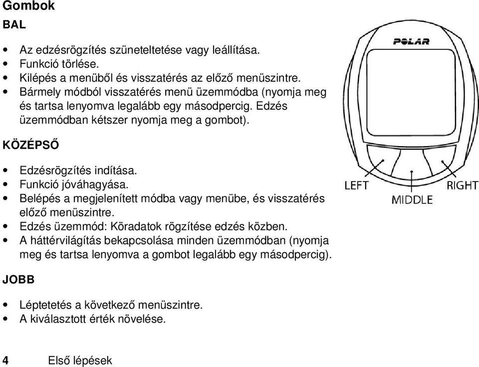 KÖZÉPSŐ Edzésrögzítés indítása. Funkció jóváhagyása. Belépés a megjelenített módba vagy menübe, és visszatérés előző menüszintre.