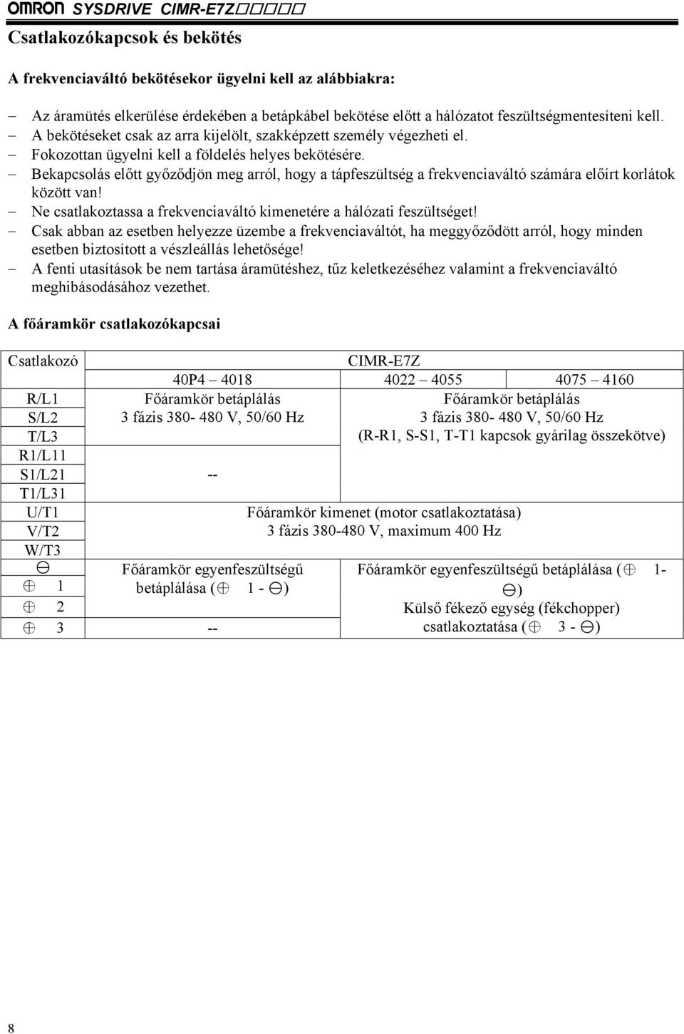 Bekapcsolás előtt győződjön meg arról, hogy a tápfeszültség a frekvenciaváltó számára előírt korlátok között van! Ne csatlakoztassa a frekvenciaváltó kimenetére a hálózati feszültséget!