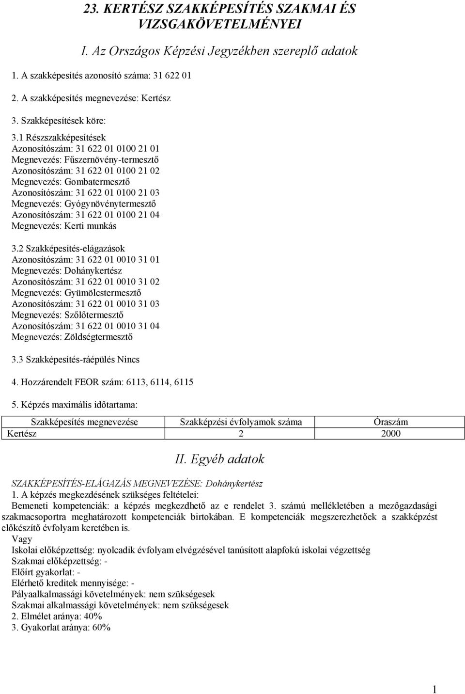 1 Részszakképesítések Azonosítószám: 31 622 01 0100 21 01 Megnevezés: Fűszernövény-termesztő Azonosítószám: 31 622 01 0100 21 02 Megnevezés: Gombatermesztő Azonosítószám: 31 622 01 0100 21 03