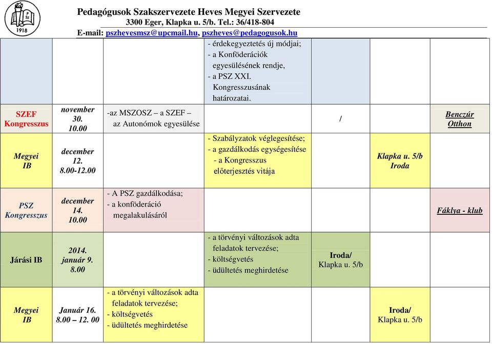 - Szabályzatok véglegesítése; - a gazdálkodás egységesítése - a előterjesztés vitája / Iroda Benczúr Otthon december 14. 10.