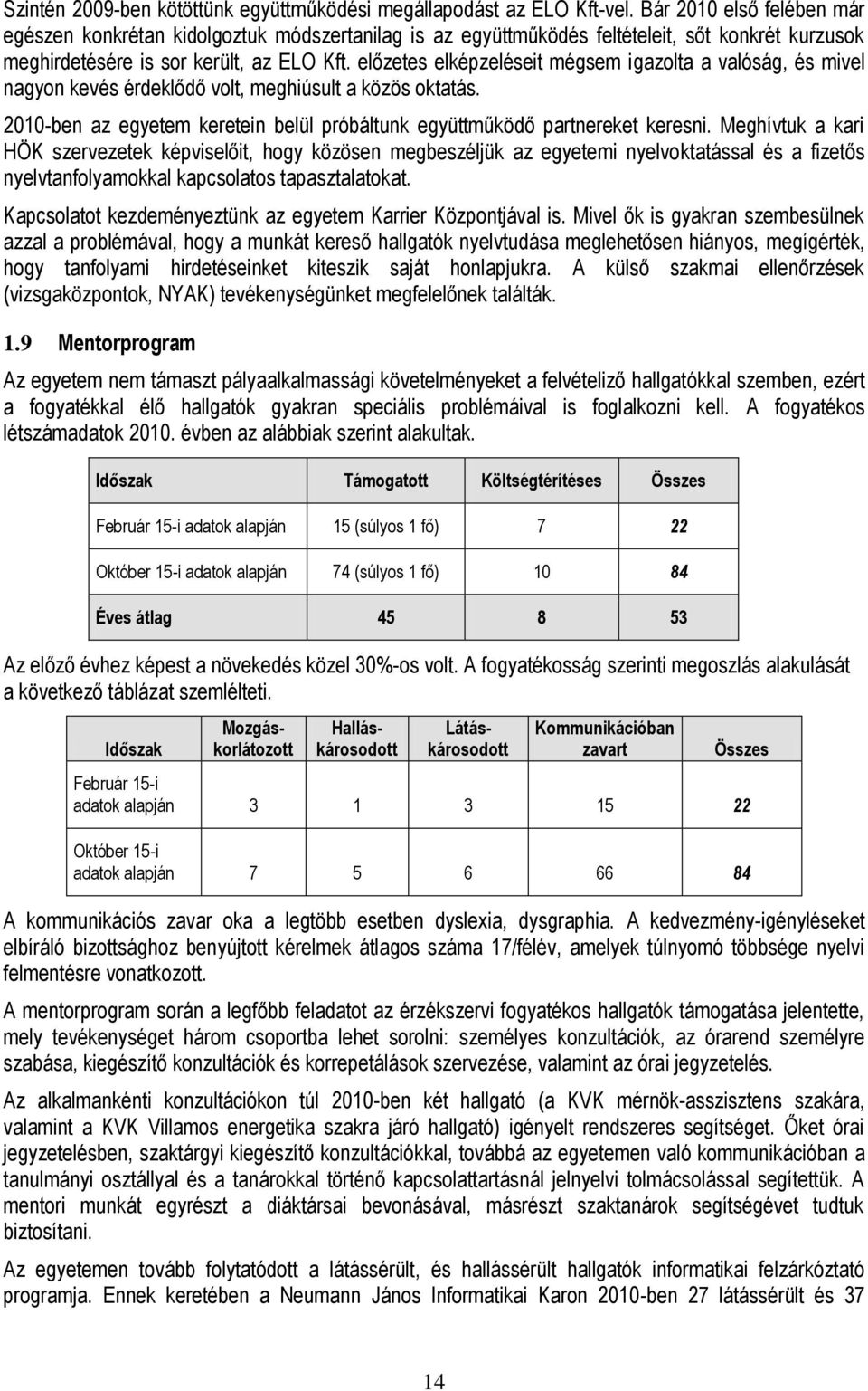 előzetes elképzeléseit mégsem igazolta a valóság, és mivel nagyon kevés érdeklődő volt, meghiúsult a közös oktatás. 2010-ben az egyetem keretein belül próbáltunk együttműködő partnereket keresni.