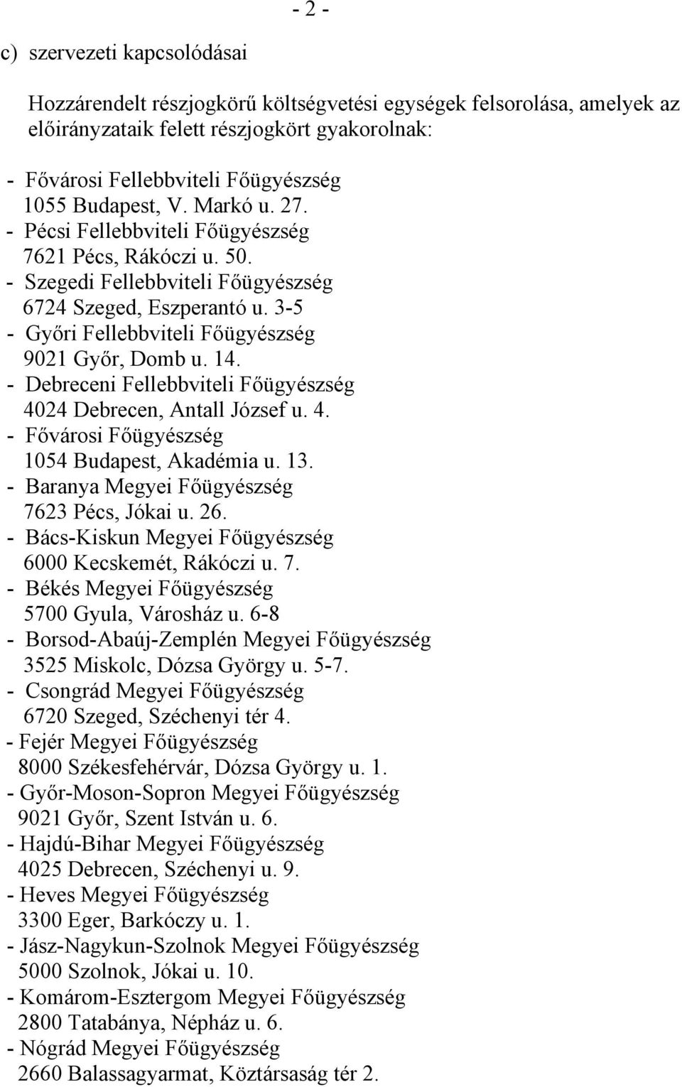 3-5 - Győri Fellebbviteli Főügyészség 9021 Győr, Domb u. 14. - Debreceni Fellebbviteli Főügyészség 4024 Debrecen, Antall József u. 4. - Fővárosi Főügyészség 1054 Budapest, Akadémia u. 13.