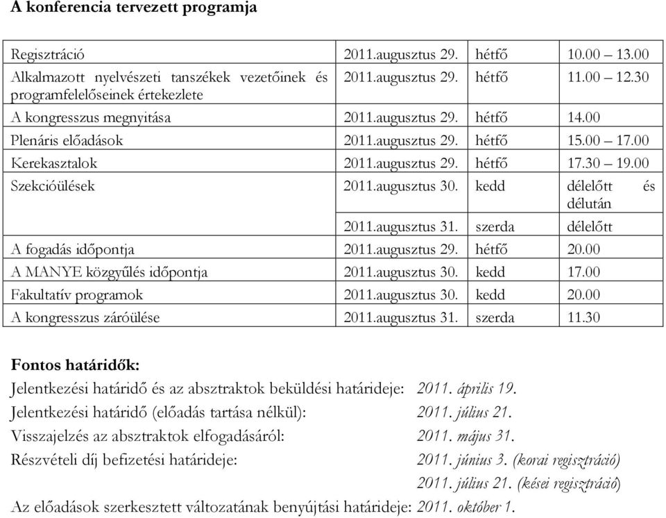 00 Szekcióülések 2011.augusztus 30. kedd délelőtt és délután 2011.augusztus 31. szerda délelőtt A fogadás időpontja 2011.augusztus 29. hétfő 20.00 A MANYE közgyűlés időpontja 2011.augusztus 30. kedd 17.