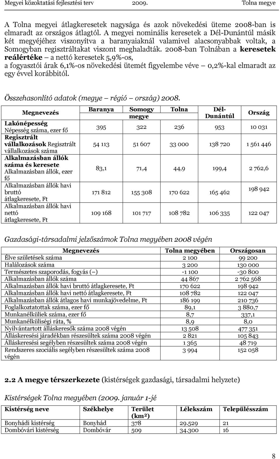 2008-ban Tolnában a keresetek reálértéke a nettó keresetek 5,9%-os, a fogyasztói árak 6,1%-os növekedési ütemét figyelembe véve 0,2%-kal elmaradt az egy évvel korábbitól.