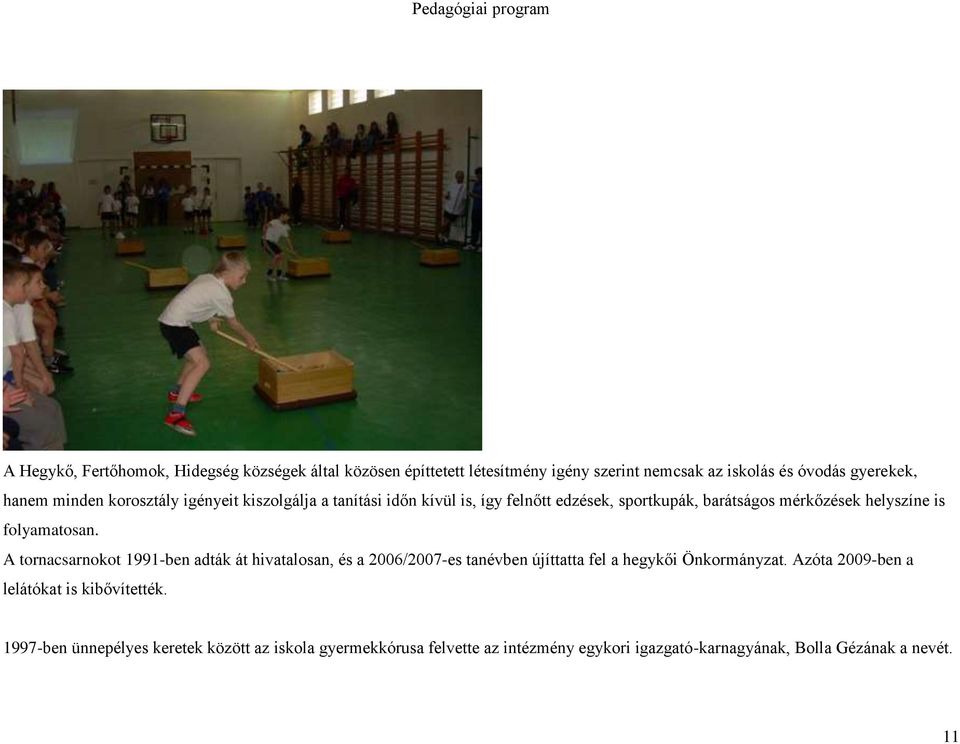 A tornacsarnokot 1991-ben adták át hivatalosan, és a 2006/2007-es tanévben újíttatta fel a hegykői Önkormányzat.