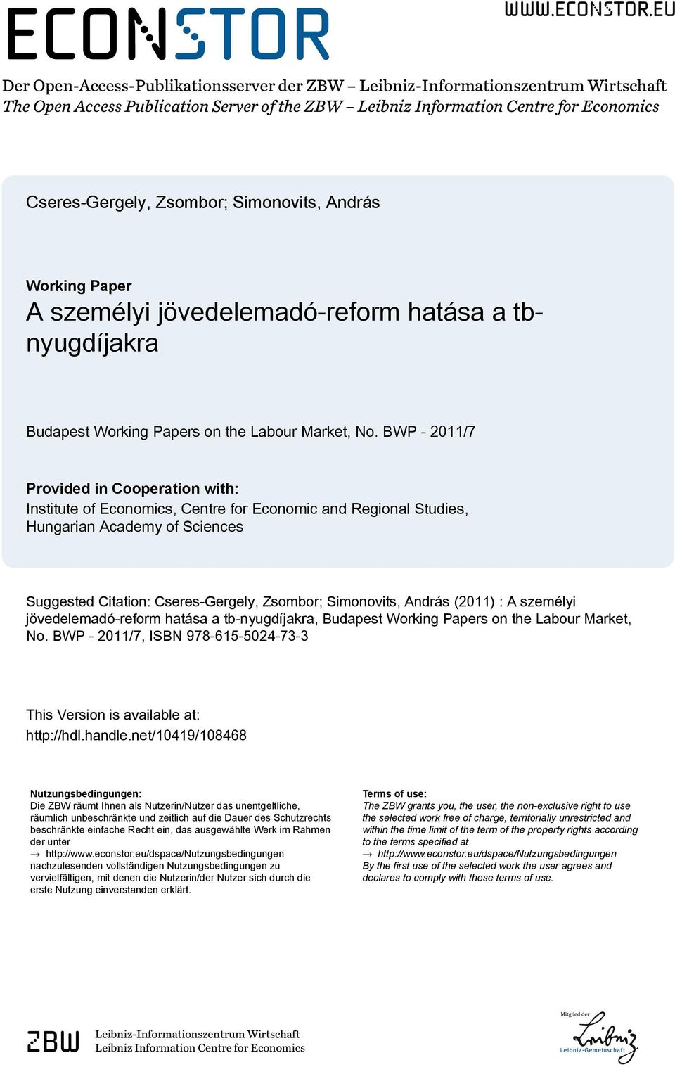 eu Der Open-Access-Publikationsserver der ZBW Leibniz-Informationszentrum Wirtschaft The Open Access Publication Server of the ZBW Leibniz Information Centre for Economics Cseres-Gergely, Zsombor;