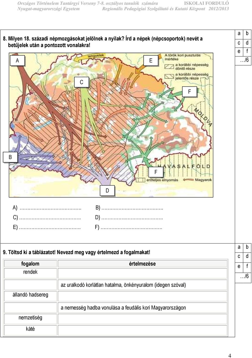 százi népmozgásokt jelölnek nyilk? Ír népek (népsoportok) nevét etőjelek után pontozott vonlkr! A E /6 C F B F D A). B). C).