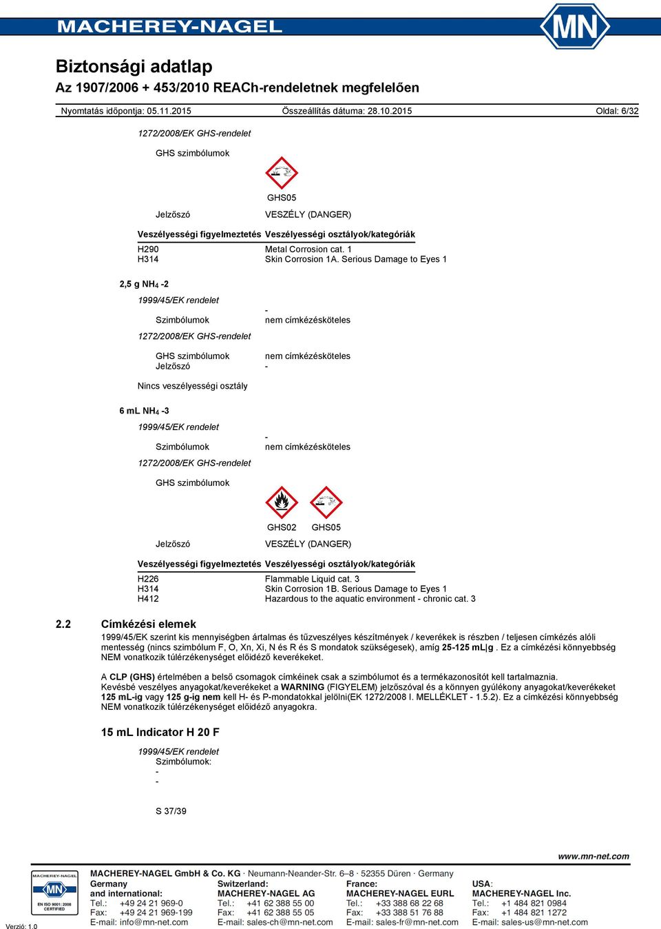 Serious Damage to Eyes 1 2,5 g NH 4 2 1272/2008/EK GHSrendelet nem címkézésköteles GHS szimbólumok nem címkézésköteles Jelzőszó Nincs veszélyességi osztály 6 ml NH 4 3 1272/2008/EK GHSrendelet nem