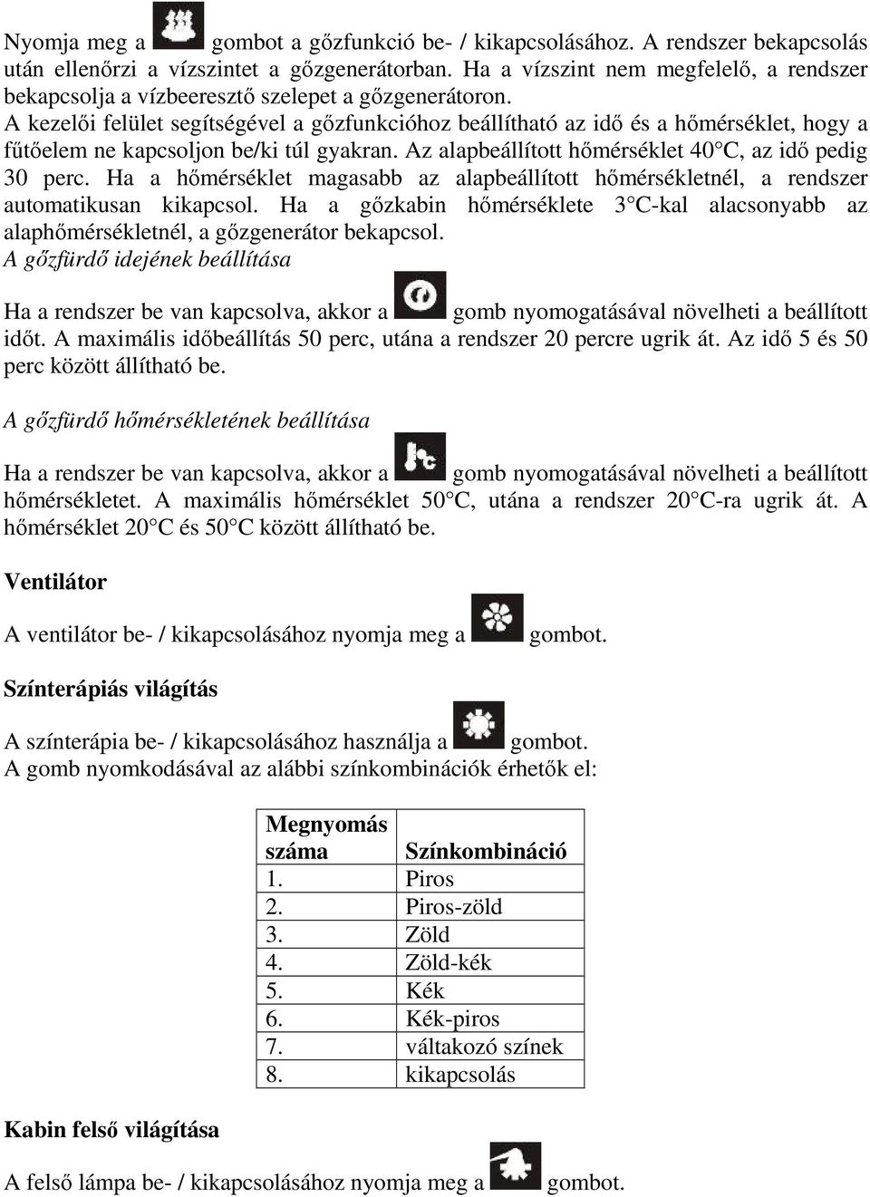 A kezelői felület segítségével a gőzfunkcióhoz beállítható az idő és a hőmérséklet, hogy a fűtőelem ne kapcsoljon be/ki túl gyakran. Az alapbeállított hőmérséklet 40 C, az idő pedig 30 perc.