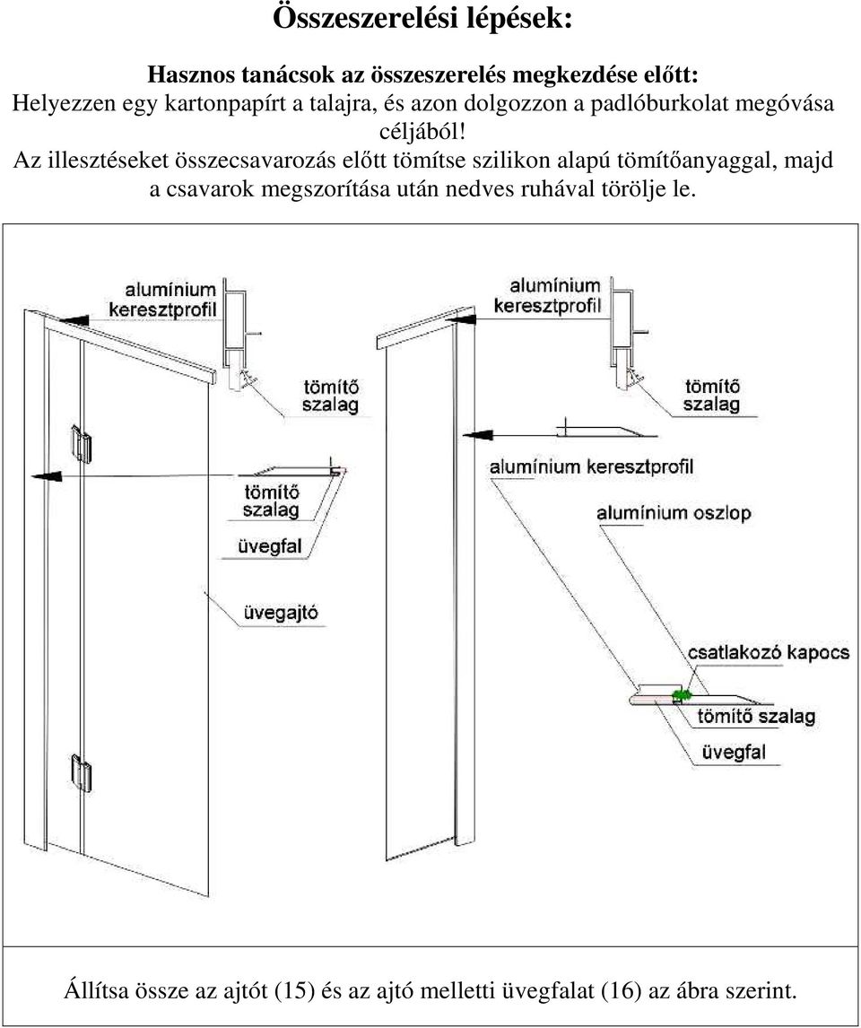 Az illesztéseket összecsavarozás előtt tömítse szilikon alapú tömítőanyaggal, majd a csavarok