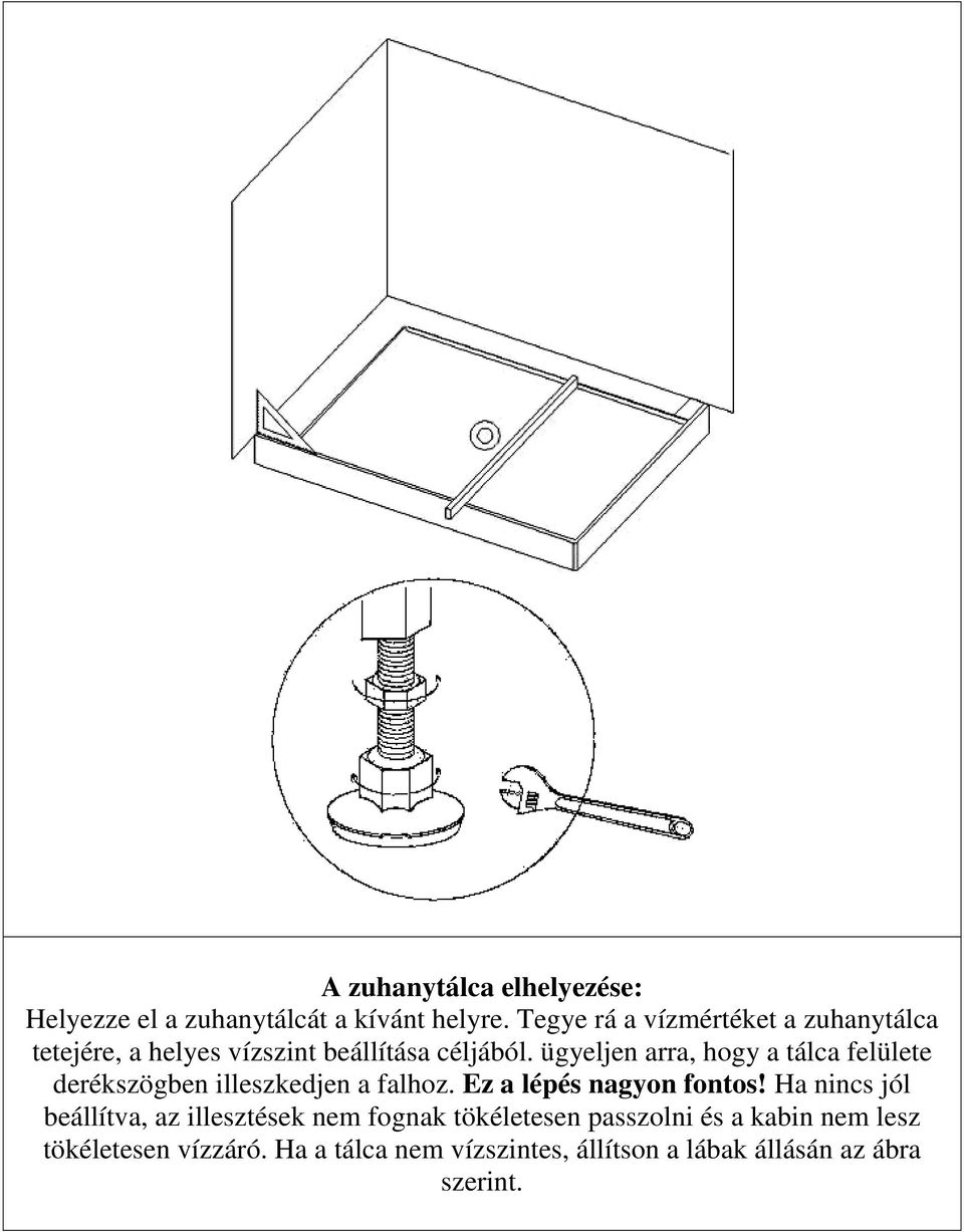 ügyeljen arra, hogy a tálca felülete derékszögben illeszkedjen a falhoz. Ez a lépés nagyon fontos!