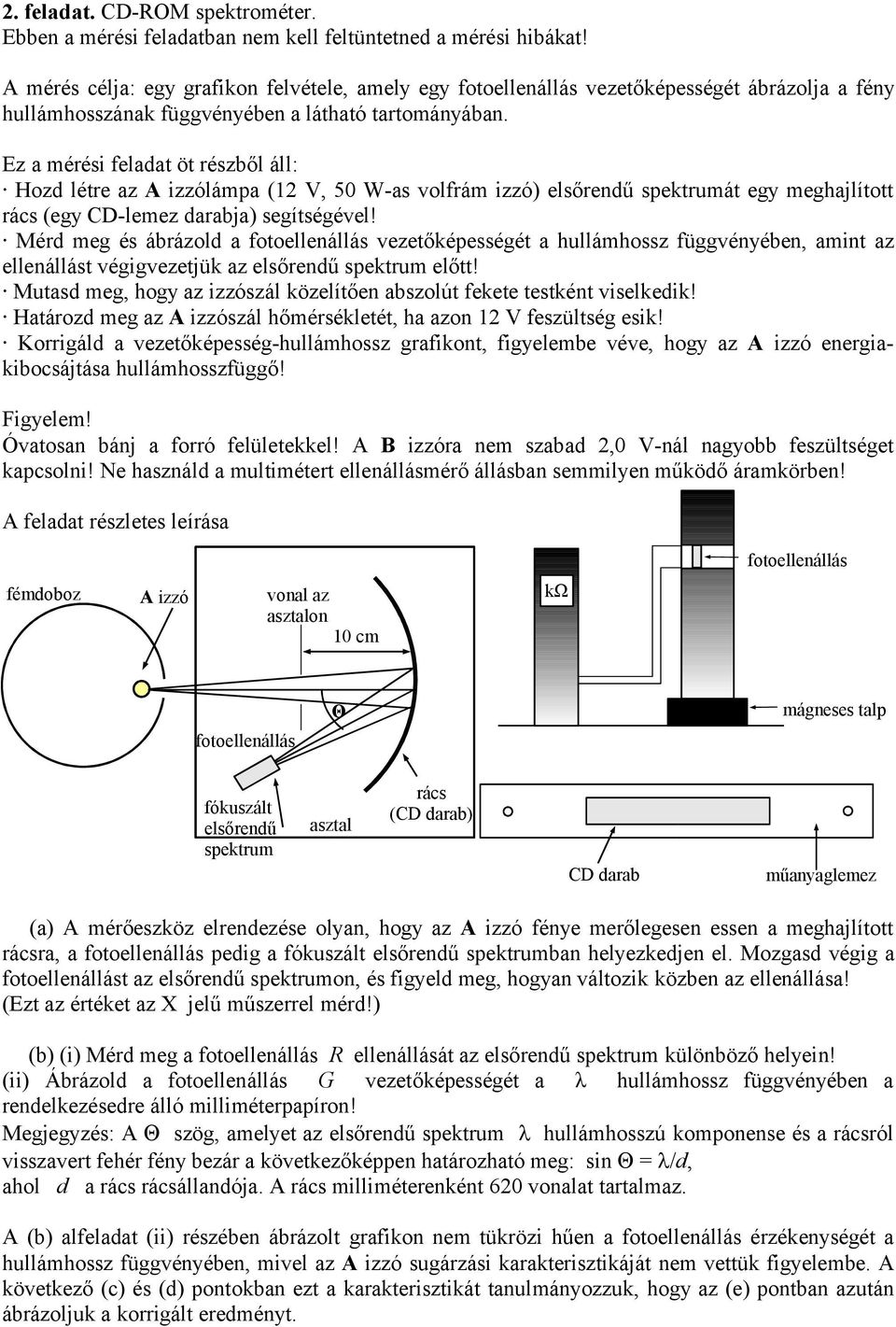 Ez a mérési feladat öt részből áll: Hozd létre az A izzólámpa (12 V, 50 W-as volfrám izzó) elsőrendű spektrumát egy meghajlított rács (egy CD-lemez darabja) segítségével!