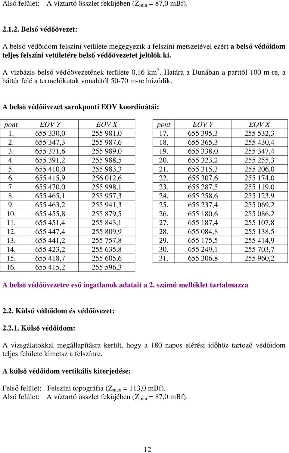 A vízbázis belső védőövezetének területe 0,16 km 2. Határa a Dunában a parttól 100 m-re, a háttér felé a termelőkutak vonalától 50-70 m-re húzódik.