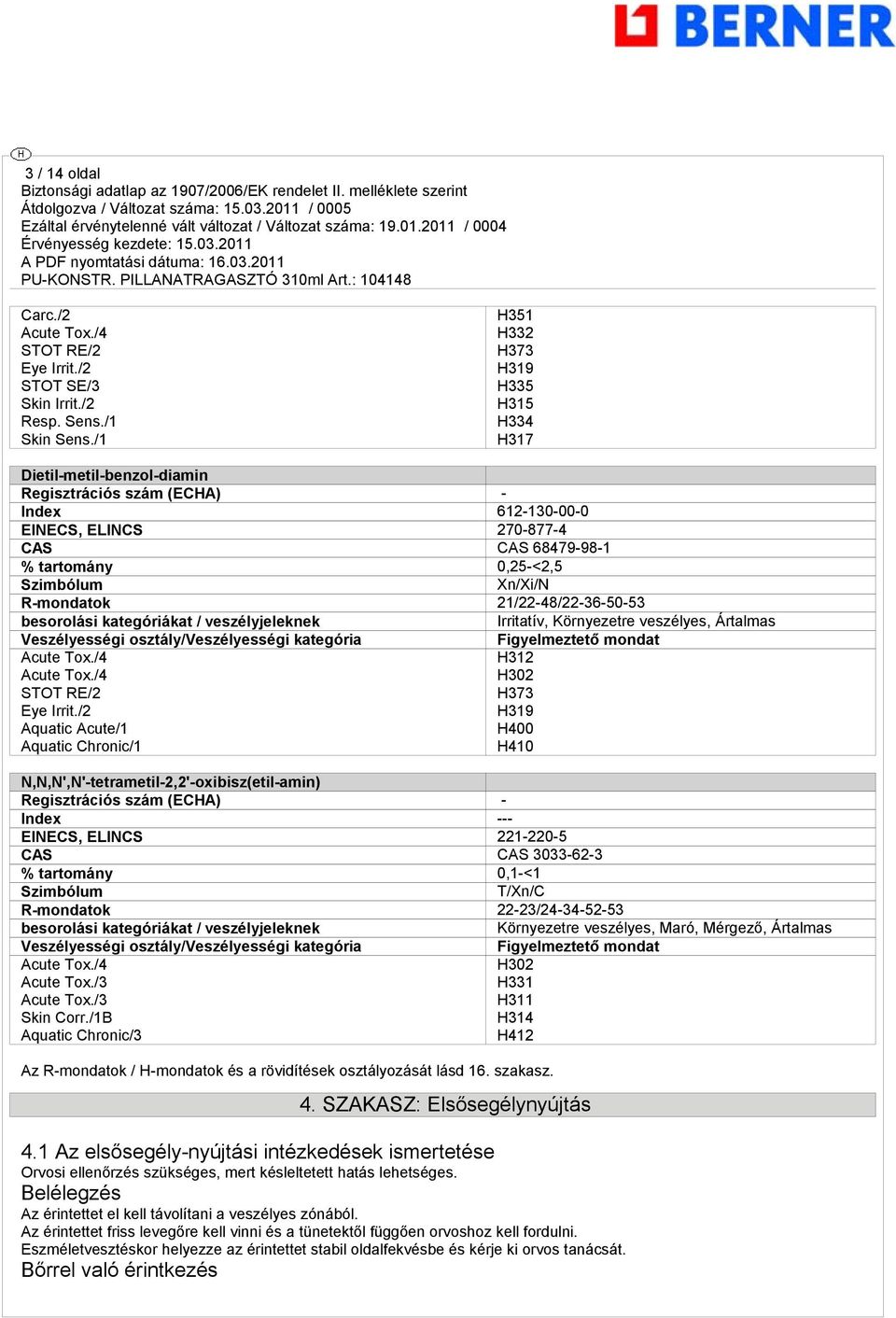 Xn/Xi/N R-mondatok 21/22-48/22-36-50-53 besorolási kategóriákat / veszélyjeleknek Irritatív, Környezetre veszélyes, Ártalmas Veszélyességi osztály/veszélyességi kategória Acute Tox./4 Acute Tox.