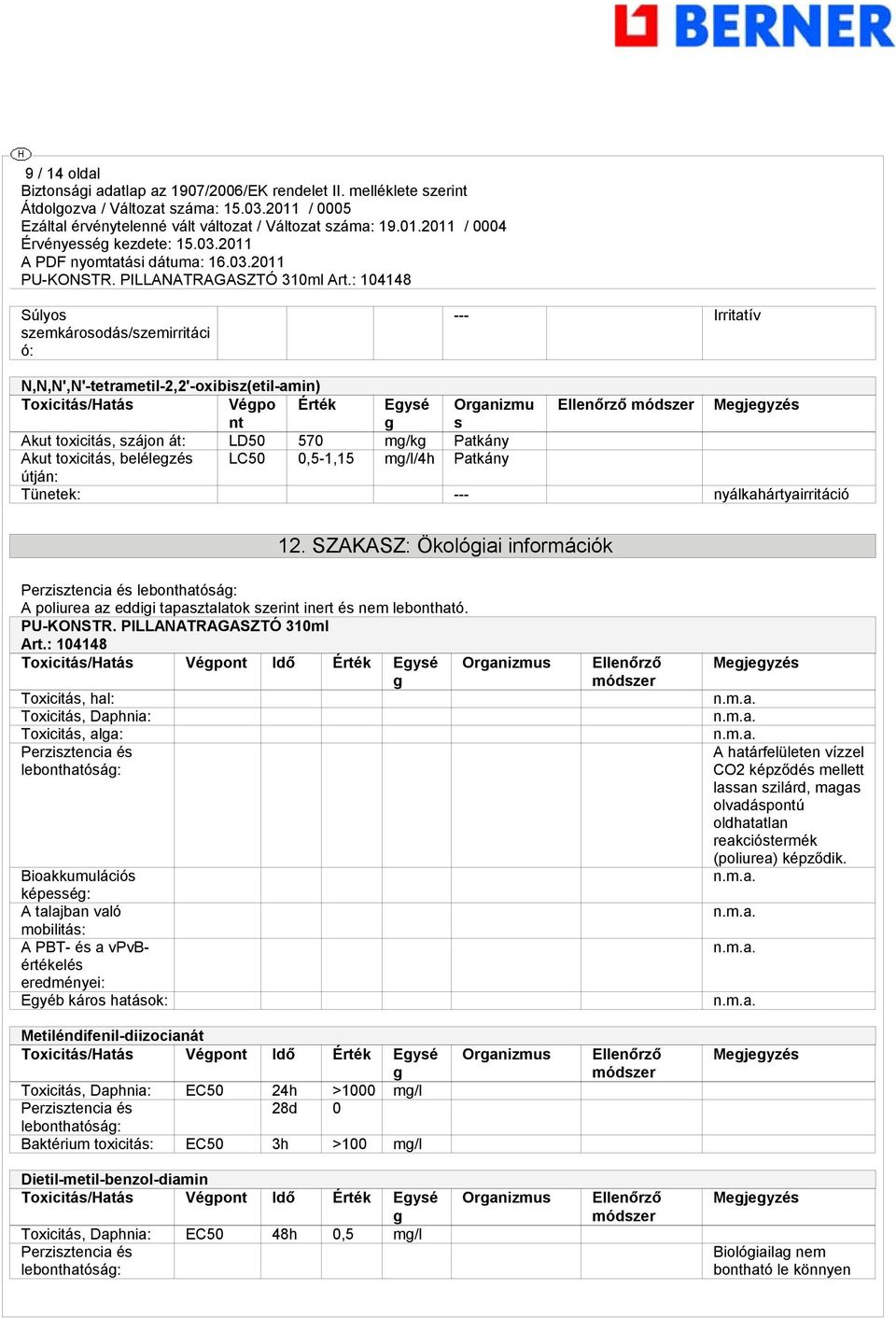 SZAKASZ: Ökológiai információk Perzisztencia és lebonthatóság: A poliurea az eddigi tapasztalatok szerint inert és nem lebontható. PU-KONSTR. PILLANATRAGASZTÓ 310ml Art.