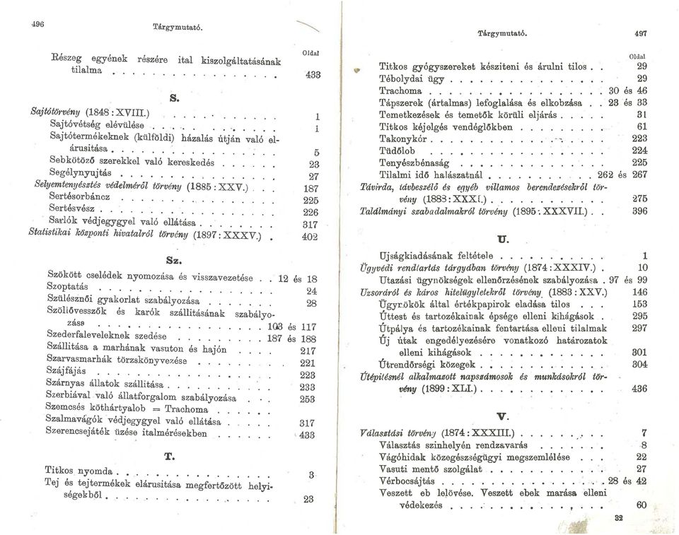 ........... Sertésvész................ Sarlók védjegygyel való ellátása...... Statistikai központi hivatalról törvény (1897: XXXV.) Sz.