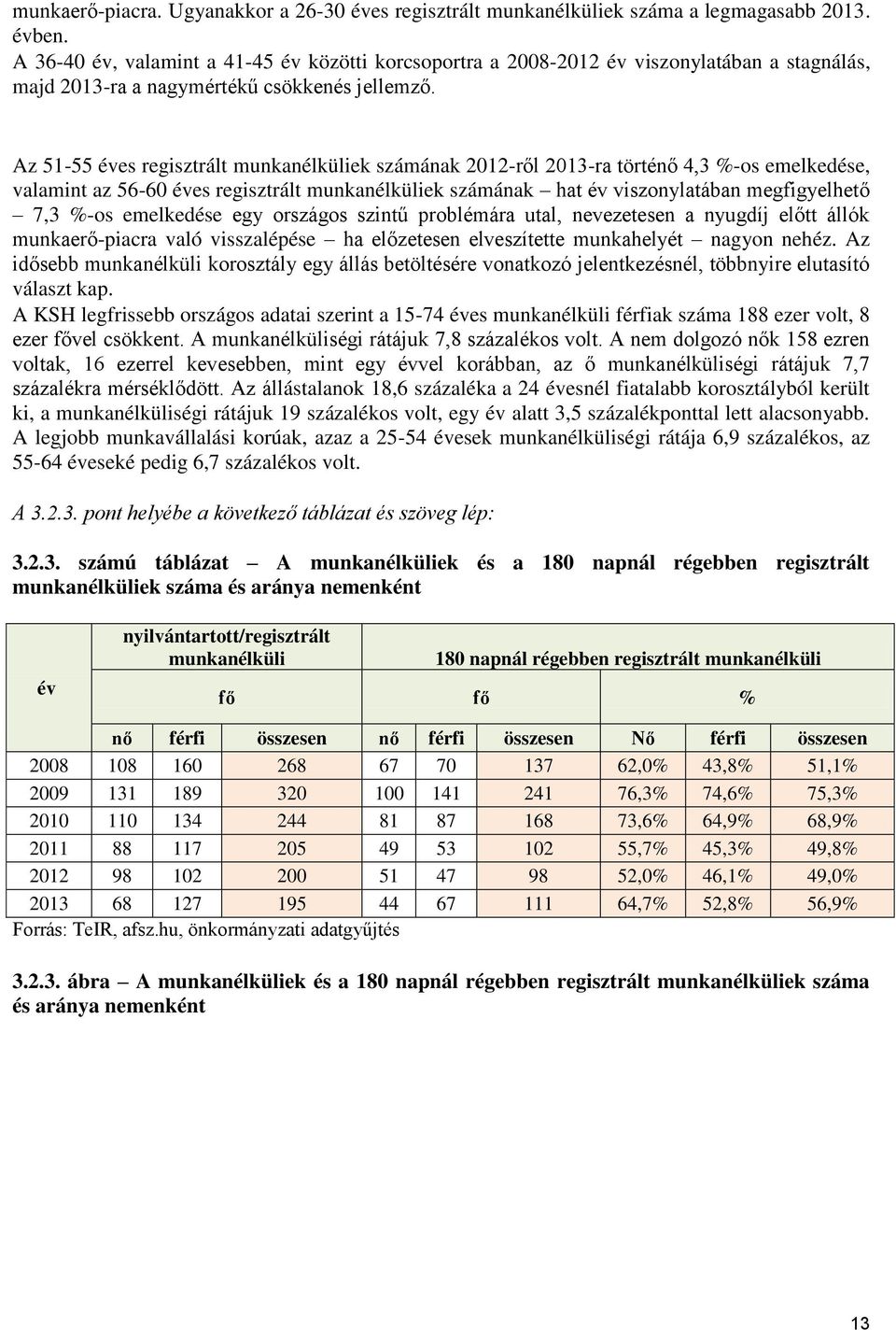 Az 51-55 éves regisztrált munkanélküliek számának 2012-ről 2013-ra történő 4,3 %-os emelkedése, valamint az 56-60 éves regisztrált munkanélküliek számának hat év viszonylatában megfigyelhető 7,3 %-os