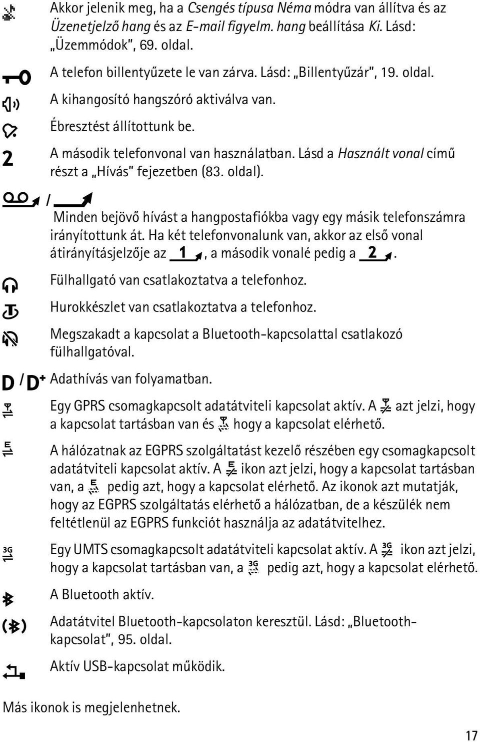 oldal). / Minden bejövõ hívást a hangpostafiókba vagy egy másik telefonszámra irányítottunk át. Ha két telefonvonalunk van, akkor az elsõ vonal átirányításjelzõje az, a második vonalé pedig a.