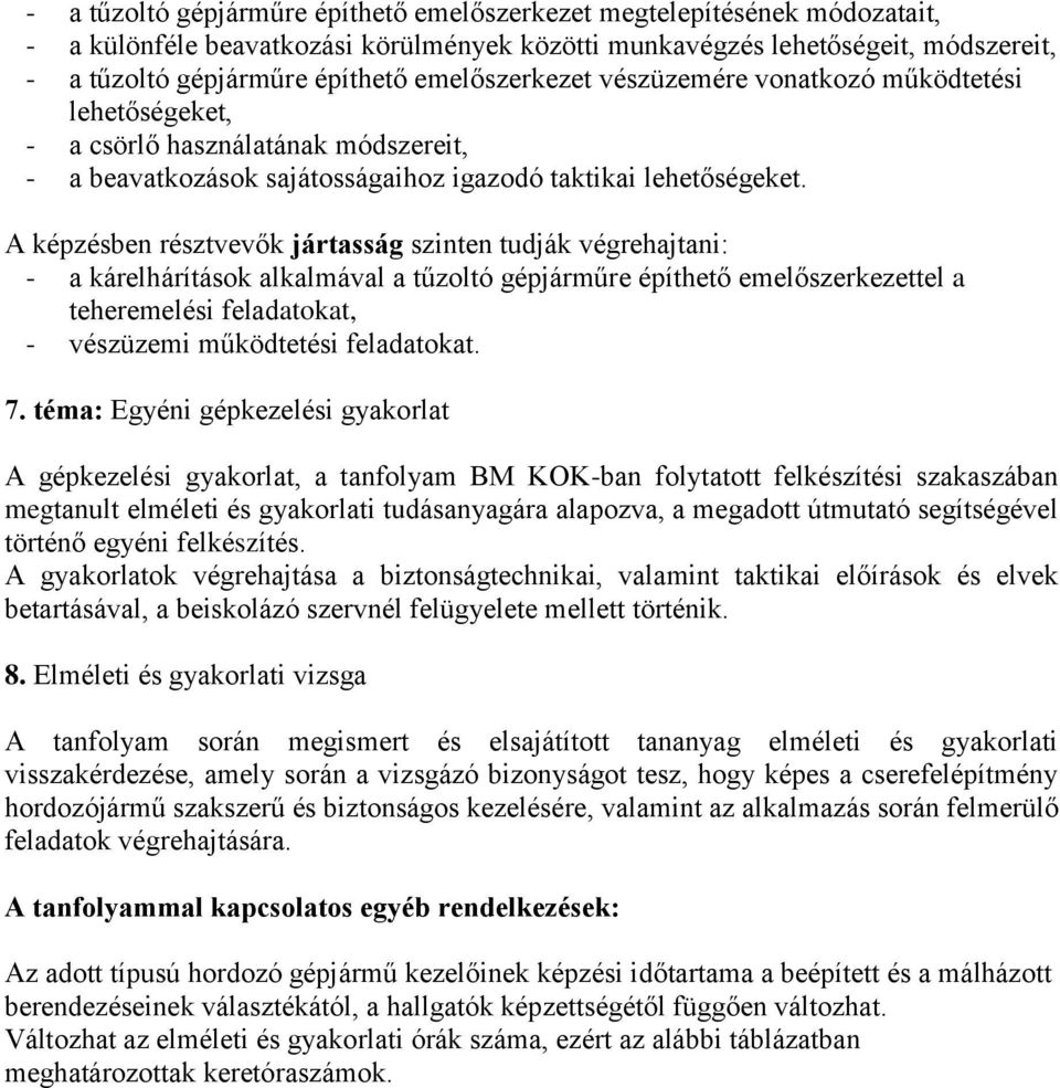 A képzésben résztvevők jártasság szinten tudják végrehajtani: - a kárelhárítások alkalmával a tűzoltó gépjárműre építhető emelőszerkezettel a teheremelési feladatokat, - vészüzemi működtetési