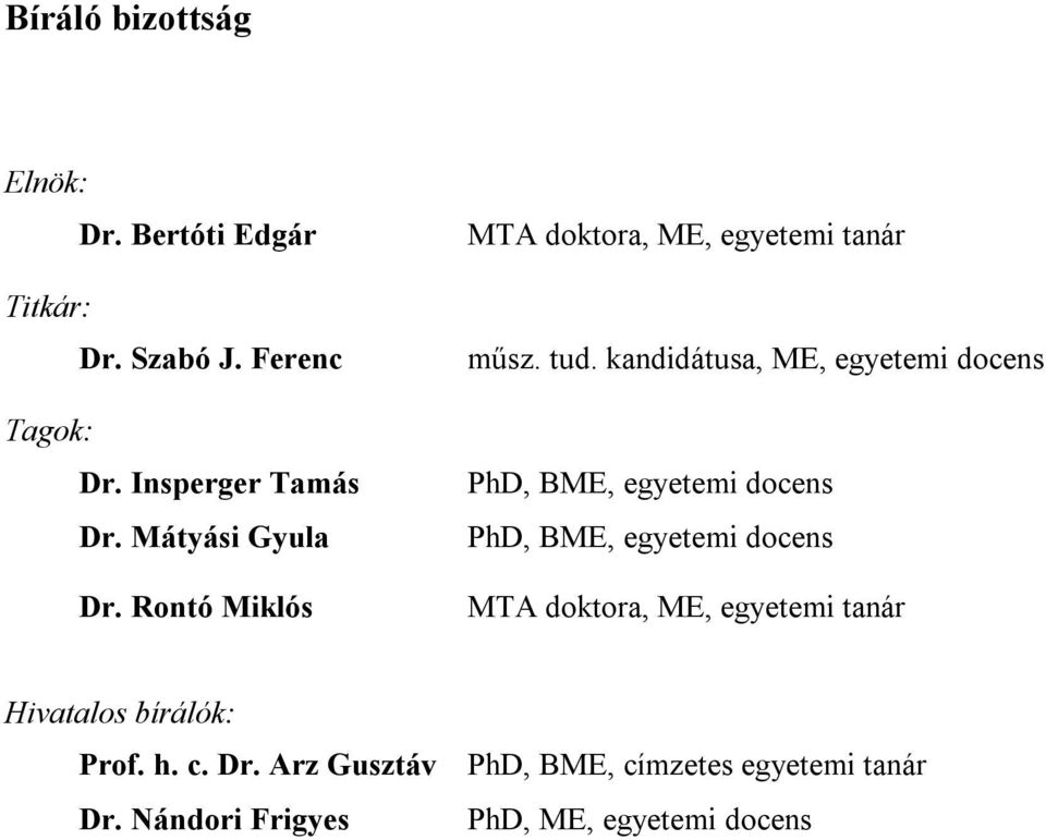 kandidátusa, ME, egyetemi docens PhD, BME, egyetemi docens PhD, BME, egyetemi docens MTA doktora, ME,