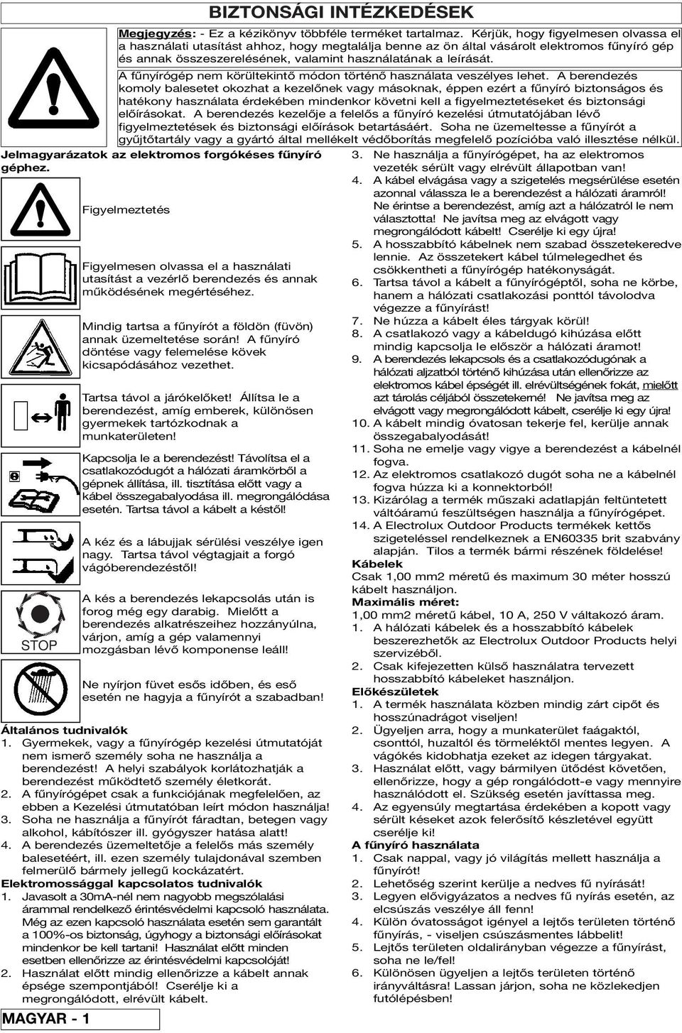 BIZTONSÁGI INTÉZKEDÉSEK Megjegyzés: - Ez a kézikönyv többféle terméket tartalmaz.