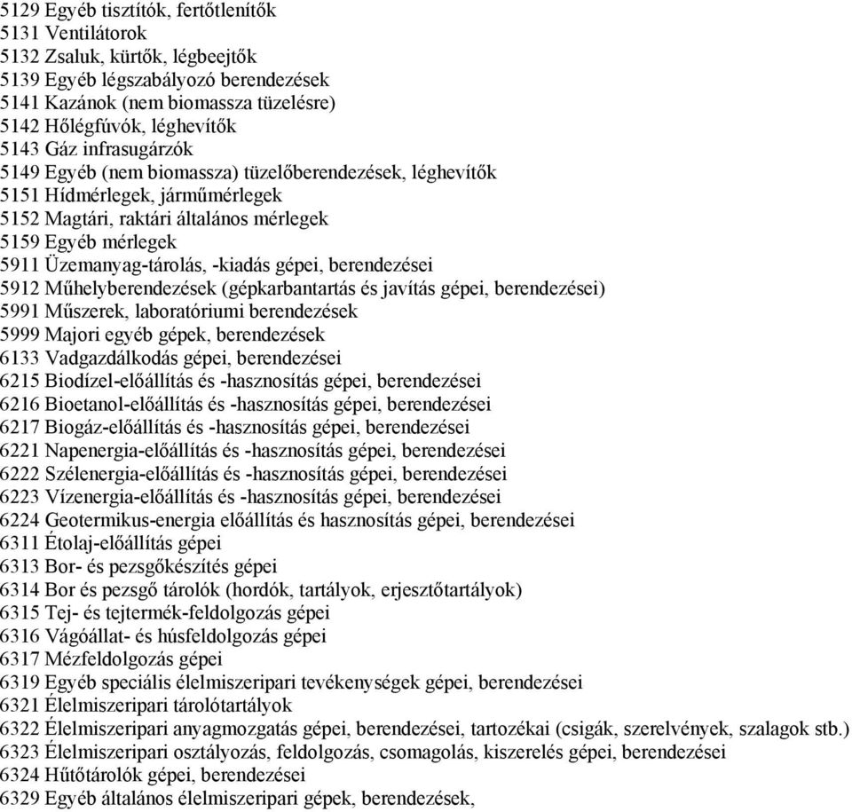 gépei, berendezései 5912 Műhelyberendezések (gépkarbantartás és javítás gépei, berendezései) 5991 Műszerek, laboratóriumi berendezések 5999 Majori egyéb gépek, berendezések 6133 Vadgazdálkodás gépei,