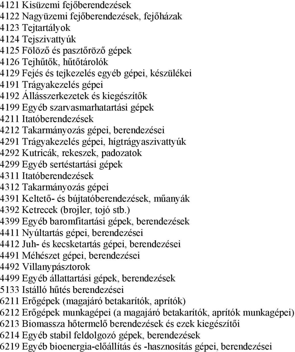 Trágyakezelés gépei, hígtrágyaszivattyúk 4292 Kutricák, rekeszek, padozatok 4299 Egyéb sertéstartási gépek 4311 Itatóberendezések 4312 Takarmányozás gépei 4391 Keltető- és bújtatóberendezések,