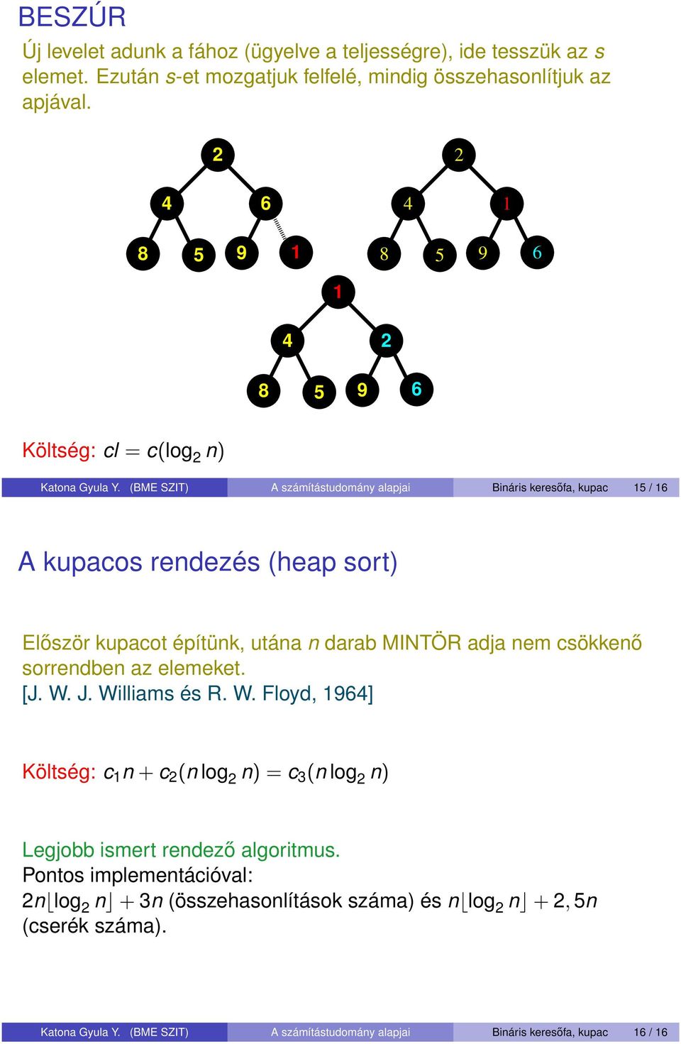 (BME SZIT) A számítástudomány alapjai Bináris keresőfa, kupac 5 / A kupacos rendezés (heap sort) Először kupacot építünk, utána n darab MINTÖR adja nem csökkenő