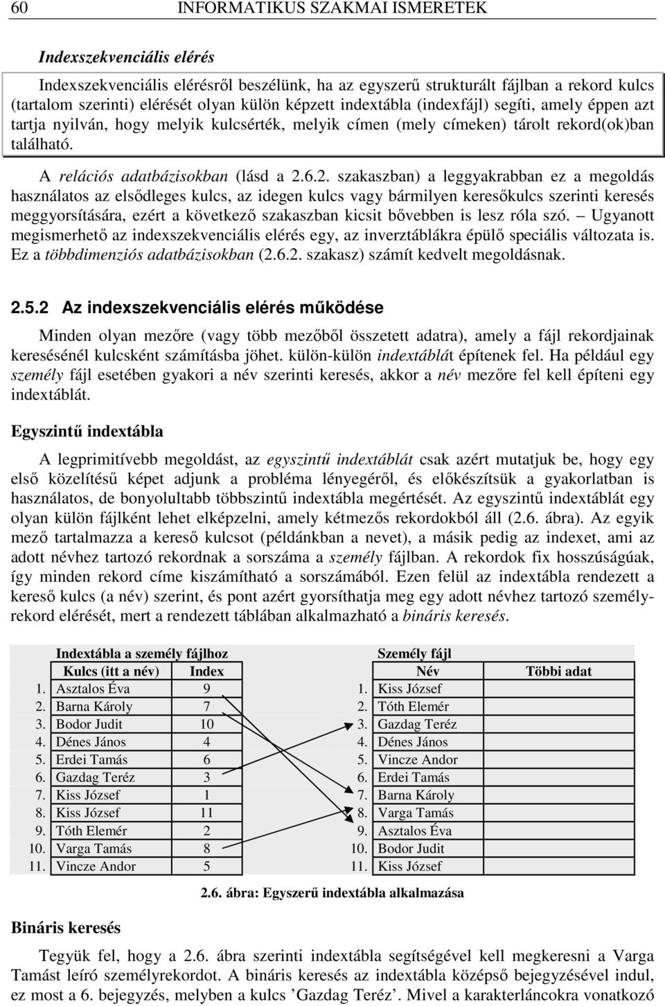 6.2. szakaszban) a leggyakrabban ez a megoldás használatos az elsıdleges kulcs, az idegen kulcs vagy bármilyen keresıkulcs szerinti keresés meggyorsítására, ezért a következı szakaszban kicsit