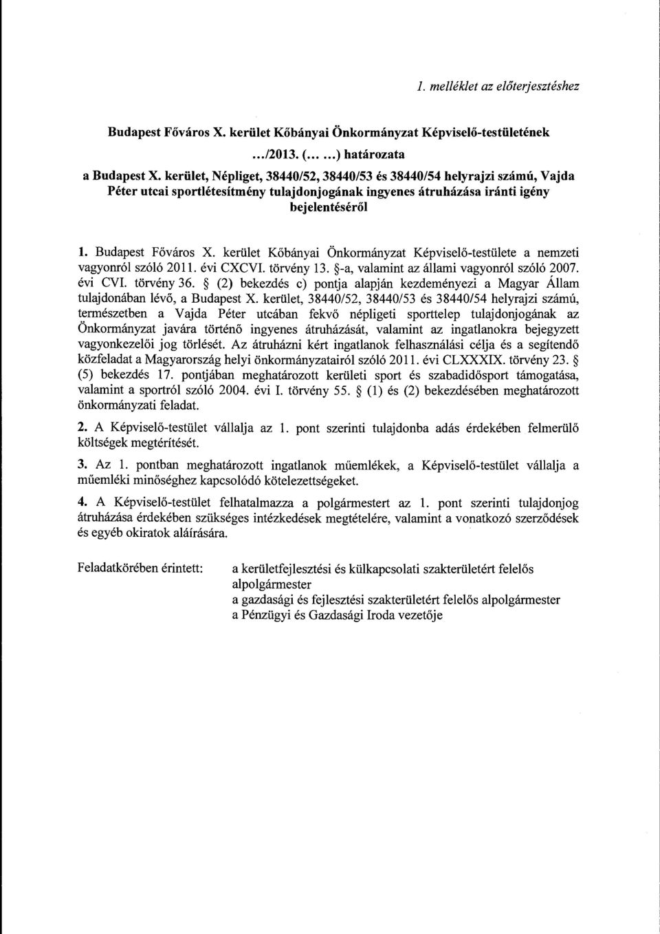 kerület Kőbányai Önkormányzat Képviselő-testülete a nemzeti vagyonról szóló 2011. évi CXCVI. törvény 13. -a, valarnint az állami vagyonról szóló 2007. évi CVI. törvény 36.