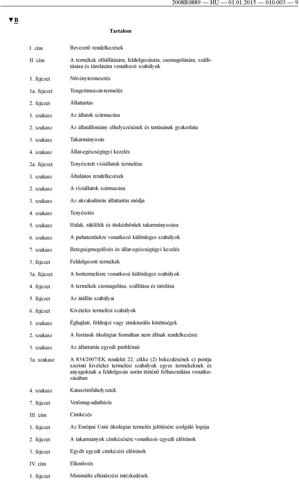 szakasz Takarmányozás 4. szakasz Állat-egészségügyi kezelés 2a. fejezet Tenyésztett víziállatok termelése 1. szakasz Általános rendelkezések 2. szakasz A víziállatok származása 3.