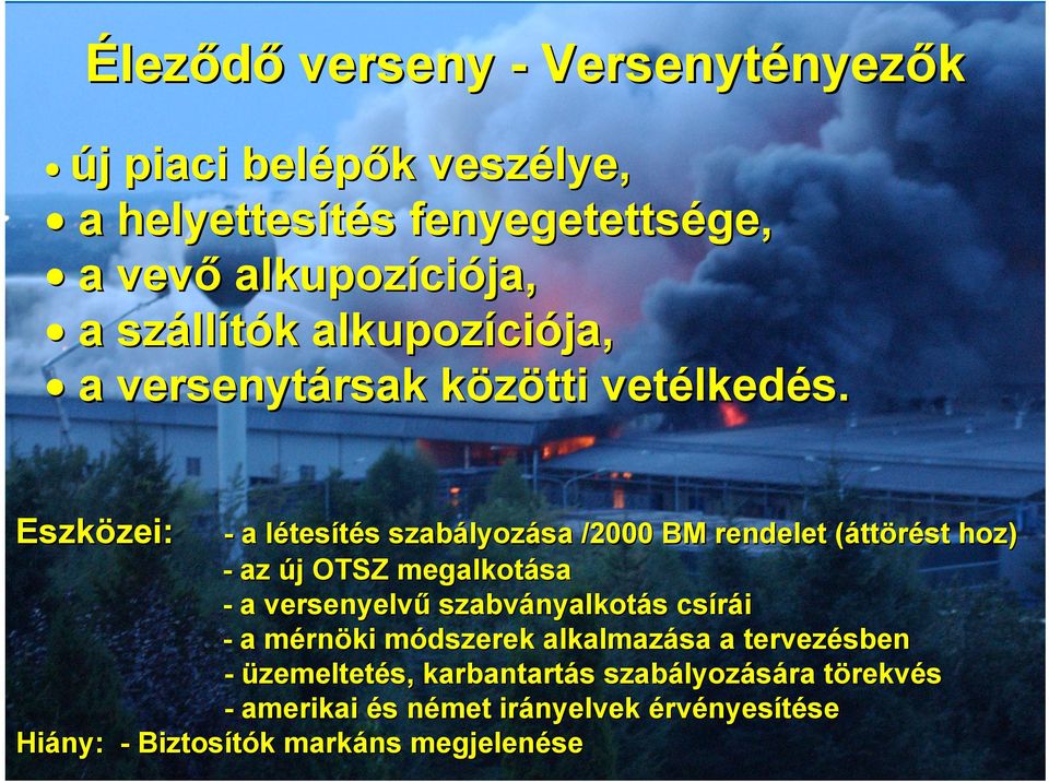 Eszközei: zei: - a létesl tesítés s szabályoz lyozása /2000 BM rendelet (átt( ttörést hoz) - az új j OTSZ megalkotása - a versenyelvű szabványalkot