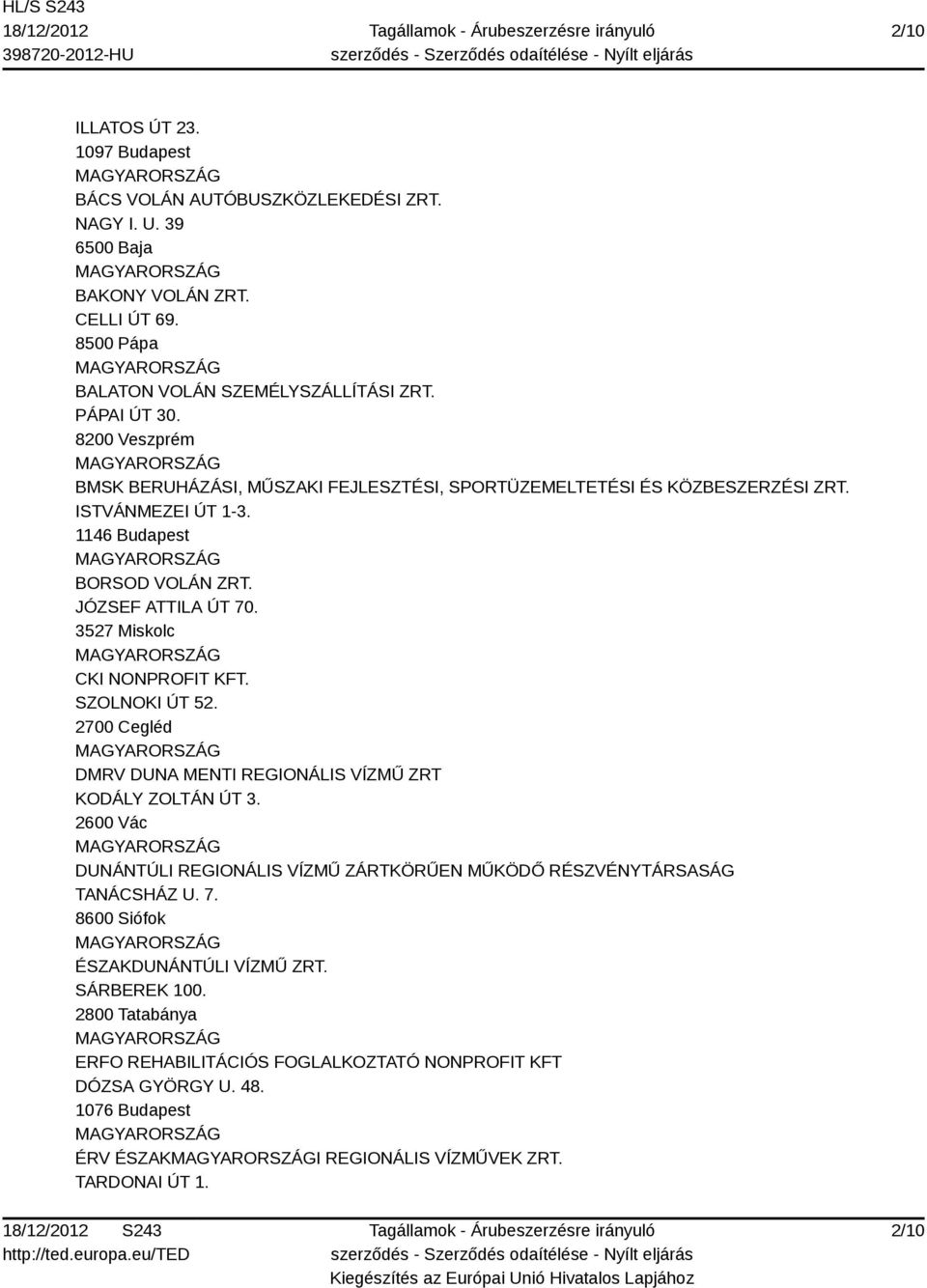 3527 Miskolc CKI NONPROFIT KFT. SZOLNOKI ÚT 52. 2700 Cegléd DMRV DUNA MENTI REGIONÁLIS VÍZMŰ ZRT KODÁLY ZOLTÁN ÚT 3.