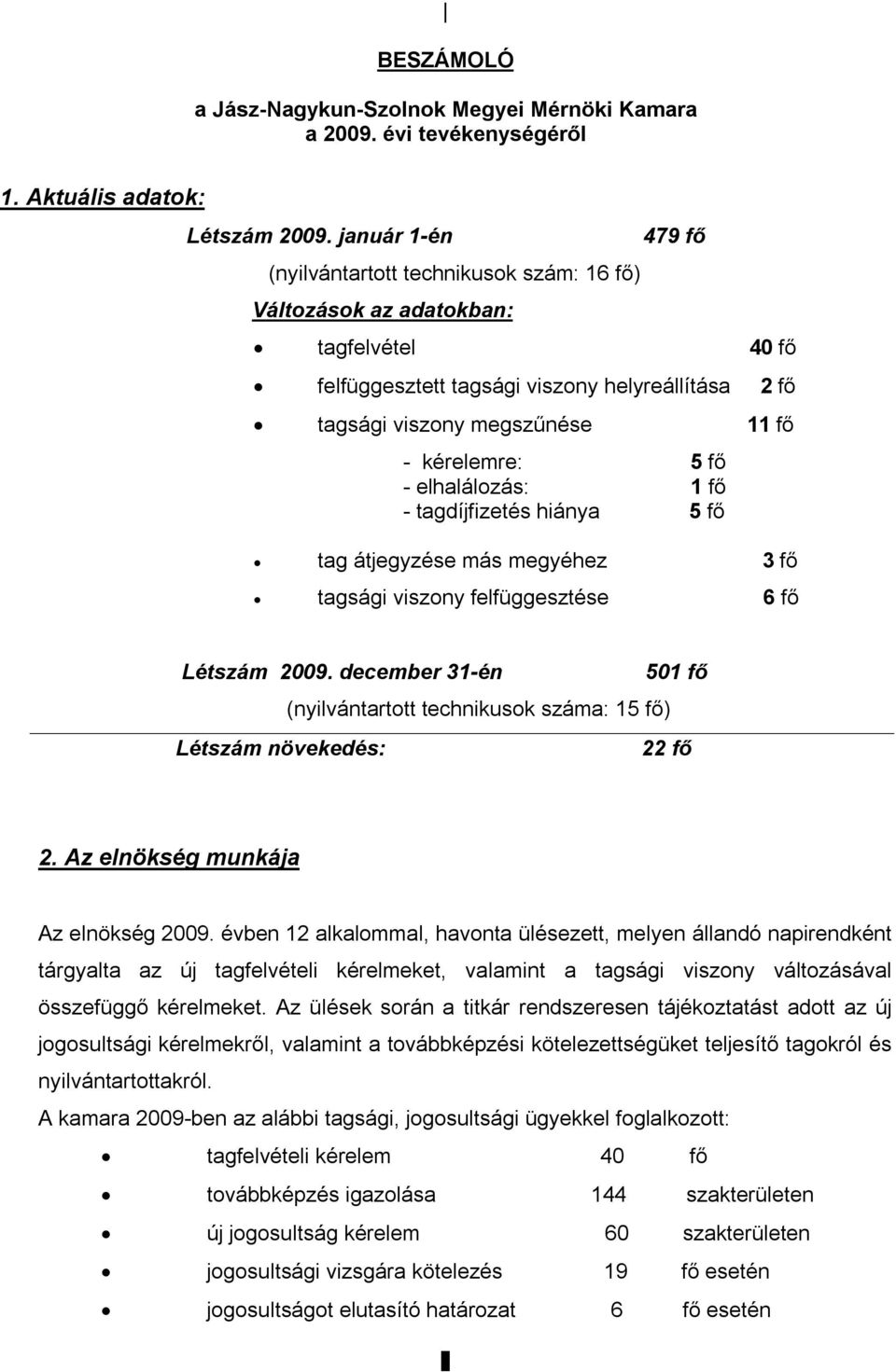 5 fő - elhalálozás: 1 fő - tagdíjfizetés hiánya 5 fő tag átjegyzése más megyéhez 3 fő tagsági viszony felfüggesztése 6 fő Létszám 2009.