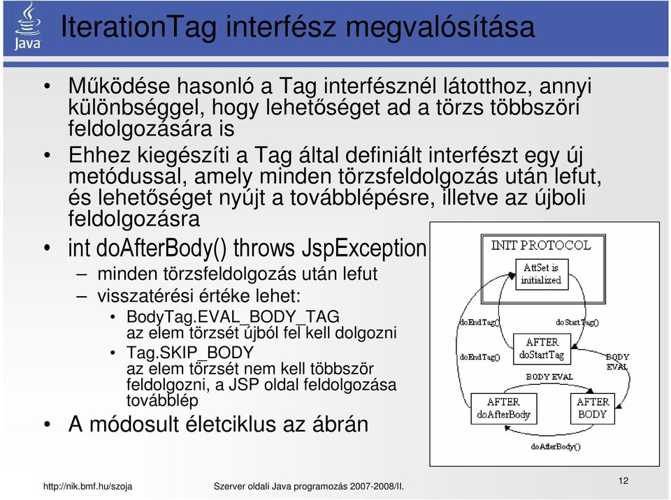 illetve az újboli feldolgozásra int doafterbody() throws JspException minden törzsfeldolgozás után lefut visszatérési értéke lehet: BodyTag.