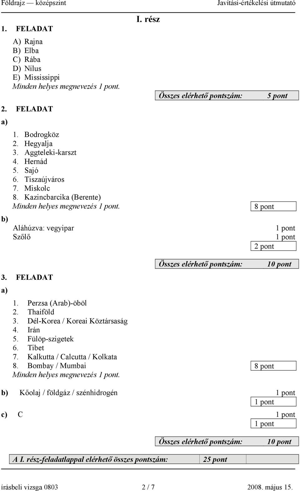 Dél-Korea / Koreai Köztársaság 4. Irán 5. Fülöp-szigetek 6. Tibet 7. Kalkutta / Calcutta / Kolkata 8. Bombay / Mumbai Minden helyes megnevezés. I. rész 5 pont 8 pont 10 pont 8 pont b) Kőolaj / földgáz / szénhidrogén c) C 10 pont A I.