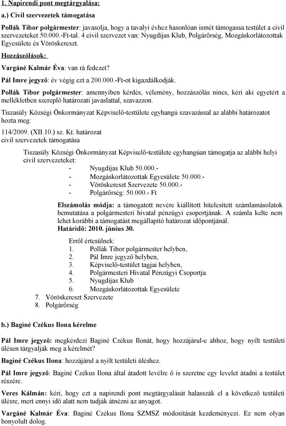 -Ft-ot kigazdálkodják. Pollák Tibor polgármester: amennyiben kérdés, vélemény, hozzászólás nincs, kéri aki egyetért a mellékletben szereplő i javaslattal, szavazzon.