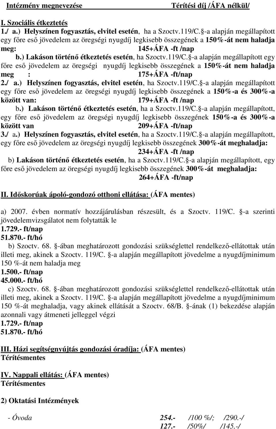 -a alapján megállapított egy főre eső jövedelem az öregségi nyugdíj legkisebb összegének a 150%-át nem haladja meg : 175+ÁFA -ft/nap 2./ a.) Helyszínen fogyasztás, elvitel esetén, ha Szoctv.119/C.