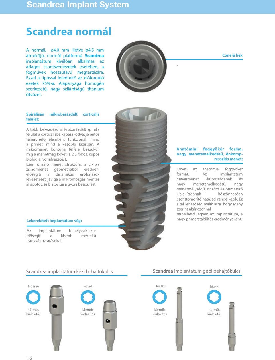 - Cone & hex Spirálisan mikrobarázdált corticalis felület: A több bekezdésű mikrobarázdált spirális felület a corticalisba kapaszkodva, jelentős teherviselő elemként funkcionál, mind a primer, mind a