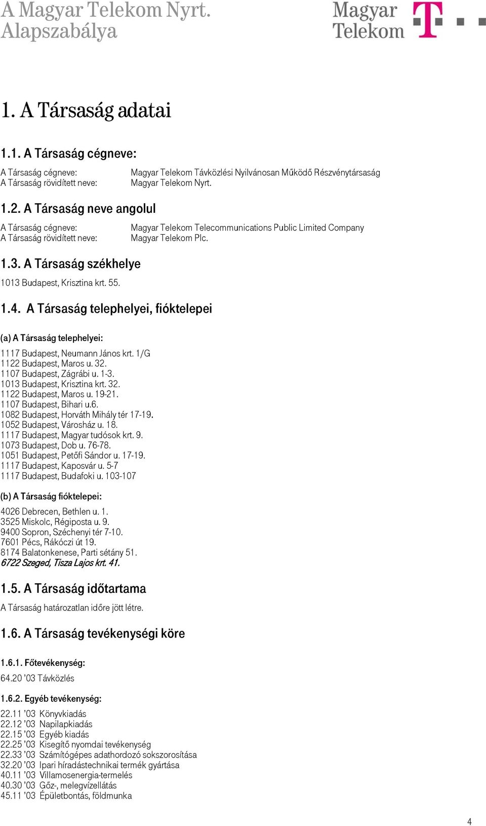 1107 Budapest, Zágrábi u. 1-3. 1013 Budapest, Krisztina krt. 32. 1122 Budapest, Maros u. 19-21. 1107 Budapest, Bihari u.6. 1082 Budapest, Horváth Mihály tér 17-19. 1052 Budapest, Városház u. 18.