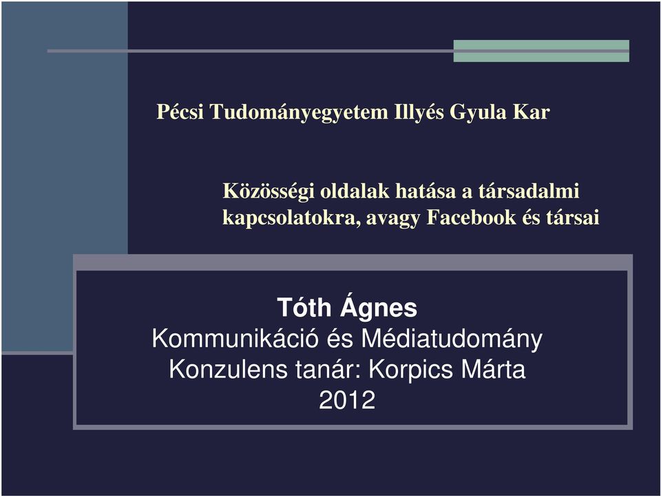Facebook és társai Tóth Ágnes Kommunikáció és