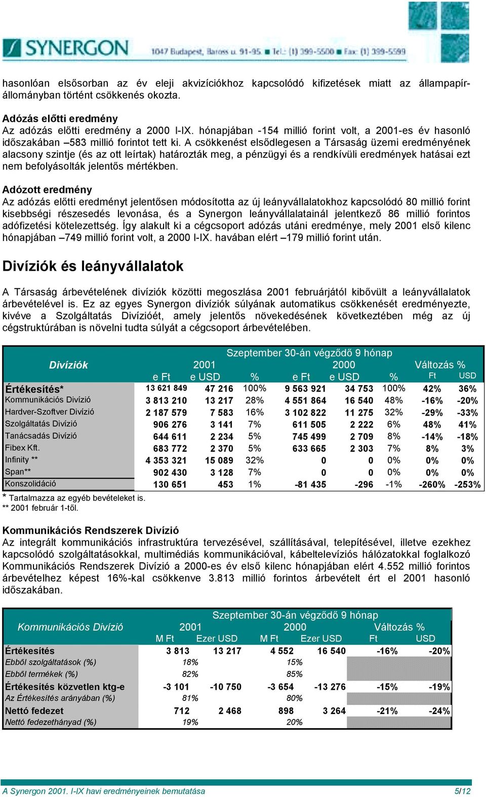 A csökkenést elsődlegesen a Társaság üzemi eredményének alacsony szintje (és az ott leírtak) határozták meg, a pénzügyi és a rendkívüli eredmények hatásai ezt nem befolyásolták jelentős mértékben.