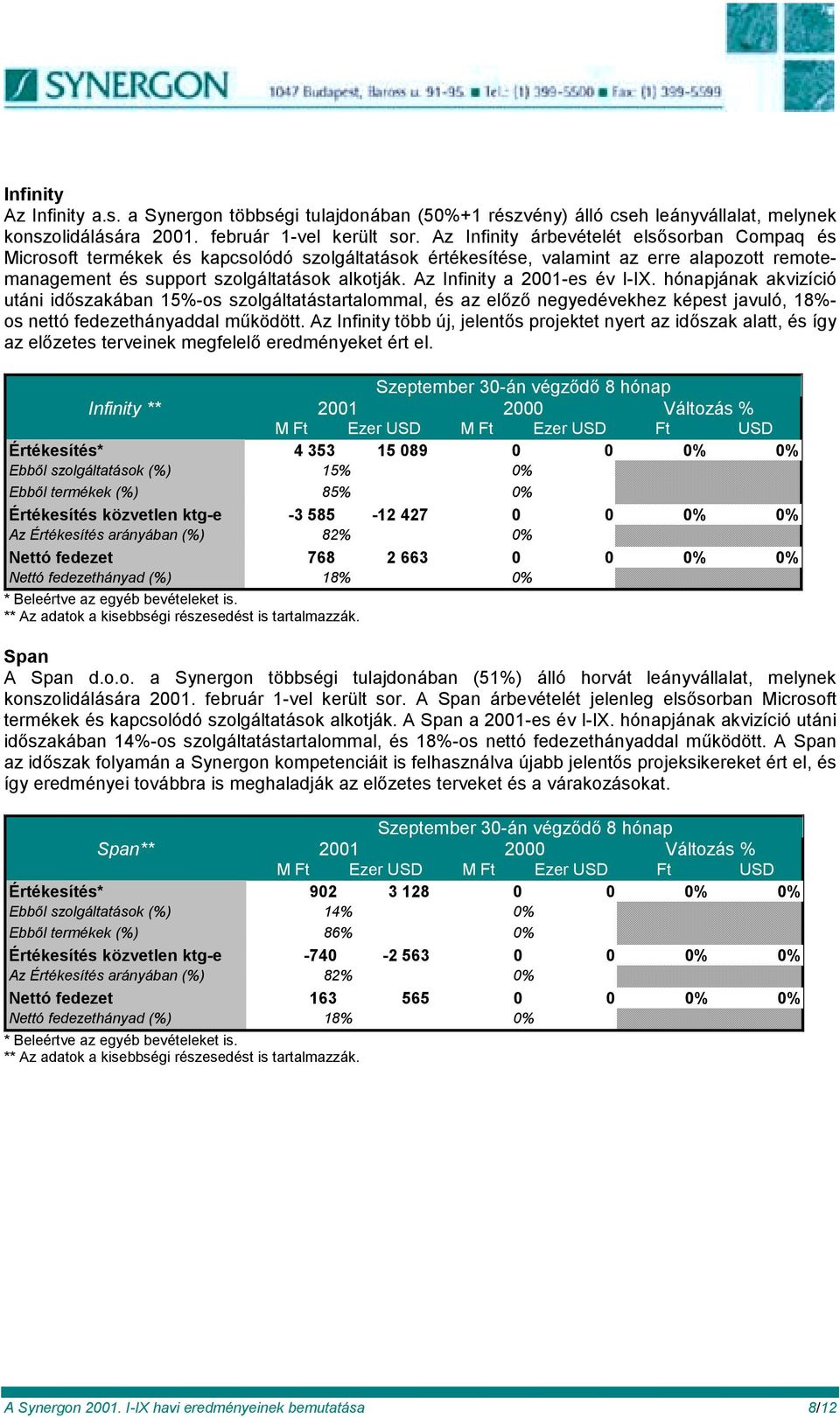 Az Infinity a 2001-es év I-IX. hónapjának akvizíció utáni időszakában 15%-os szolgáltatástartalommal, és az előző negyedévekhez képest javuló, 18%- os nettó fedezethányaddal működött.