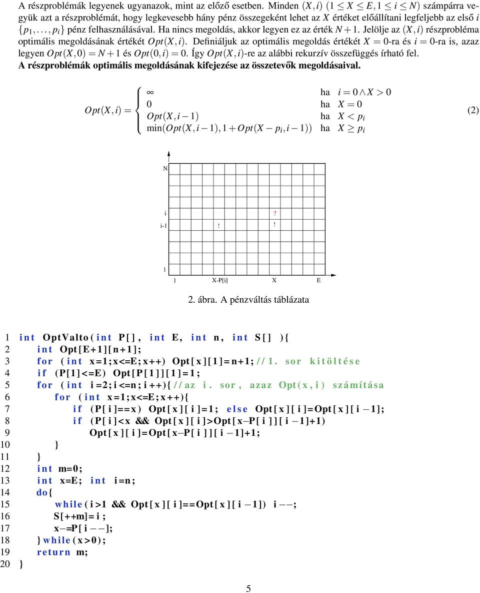 Ha nincs megoldás, akkor legyen ez az érték N + 1. Jelölje az (X,i) részprobléma optimális megoldásának értékét Opt(X, i).