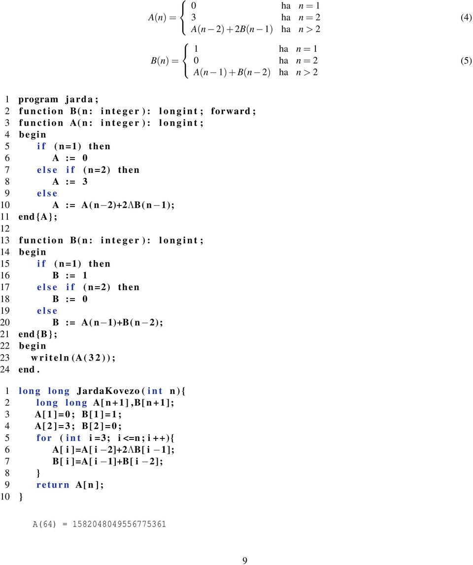 B( n : i n t e g e r ) : l o n g i n t ; 14 begin 15 i f ( n=1) then 16 B := 1 17 e l s e i f ( n=2) then 18 B := 19 e l s e 2 B := A( n 1)+B( n 2); 21 end {B} ; 22 begin 23 w r i t e l n (A( 3 2 ) )