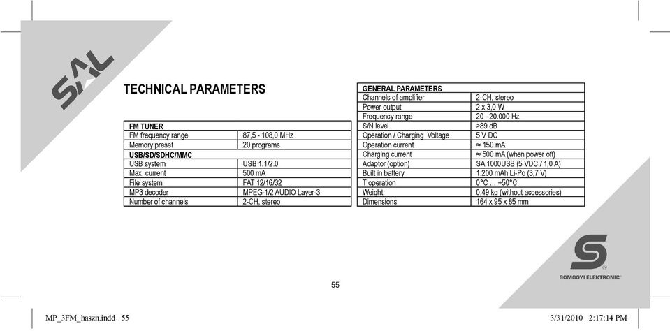 output 2 x 3,0 W Frequency range 20-20.